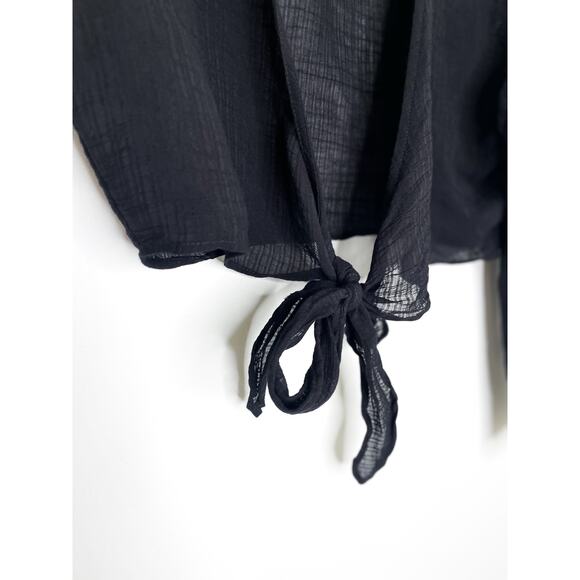 Zara Black Sheer Gauze Long Sleeve Tie Front Crop Top Small V Neck - Picture 6 of 9